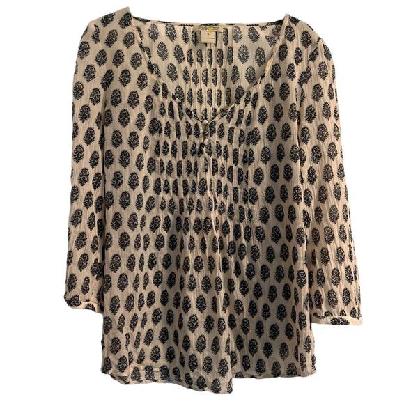 Lucky Brand Blouse Women's Size Small Ivory Pattern Boho V-Neck Covered Buttons - Picture 1 of 7